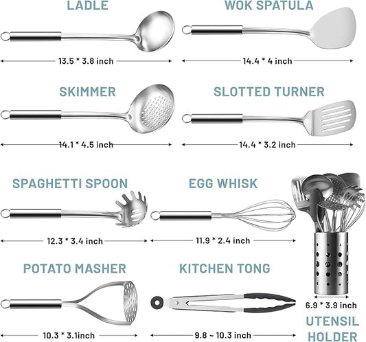 Pleafind Stainless Steel Cooking Utensils Set, 9 Pcs Heat Resistant Kitchen Utensils Set, Nonstick Kitchen Tools Set With Utensil Holder, Metal Spatula Set for Chef, Dishwasher Safe