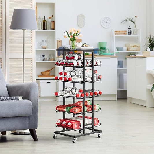 smusei Water Bottle Organizer 5 Tier Metal Water Bottle Storage Rack with Lockable Wheels Bottled Water Holder for Floor, Mobile Beverage Drink Stand Soda Can Shelf for Kitchen, Living Room, Office