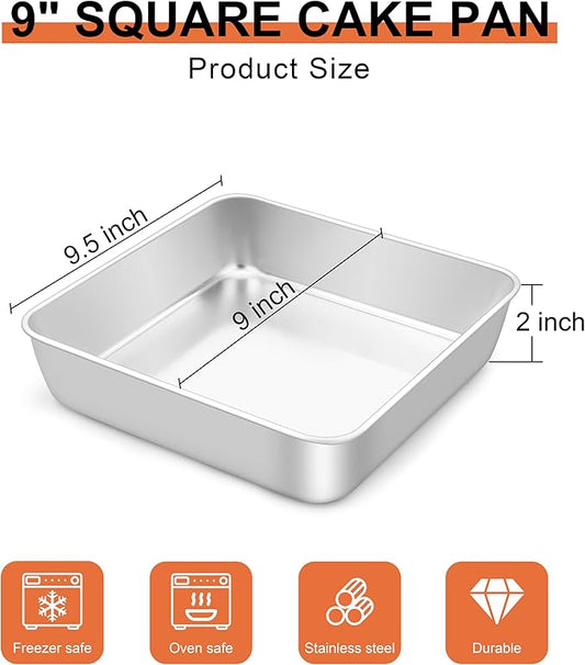 LIANYU 9 Inch Square Cake Pan, Stainless Steel Baking Lasagna Brownie Bread Pan, Perfect for Birthday Party Wedding, Oven & Dishwasher Safe