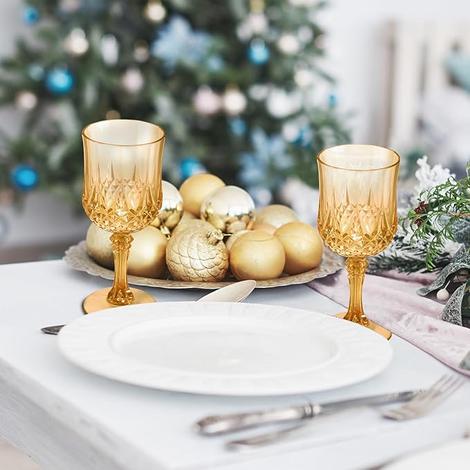 12 Pcs Plastic Amber Wine Drinking Glasses, Plastic Vintage Gold Champagne Vintage Wine Glasses, Unbreakable Goblets for Parties Wedding, Party, Red Wine Glass, Bars, Restaurants, 7Oz
