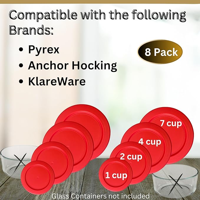 1, 2, 4 & 7 Cup Red Replacement Lids/Covers for Pyrex, Anchor Hocking & KlareWare Storage Bowls *Lids Only Glass Container Not Included* (8 Pack *Two of Each Size*)