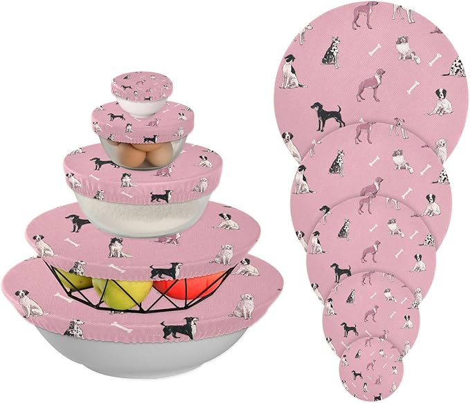 5 Pcs Bowl Covers Reusable in 5 Size Elastic Food Cover Cloth Lids Fresh Keeping Dish Cookware Bakeware Fabric Covers Lids for Food Leftovers Fruits Storage Pink Dog and Bone