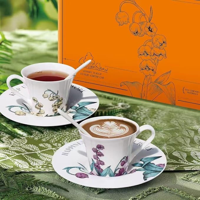 Tea Cup Set With 2 Tea Cups 2 Saucers And 2 Spoon 7 OZ Espresso Coffee Mug Vintage Creativetea Teacup And Saucer Set For Coffee,Tea,Latte, Cappuccino