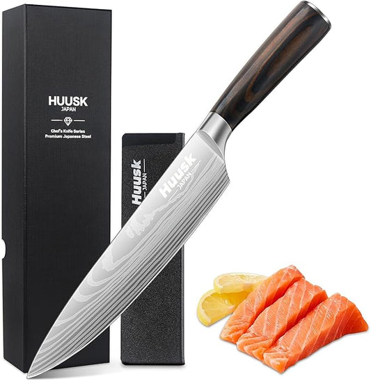 Huusk Chef Knife 8 Inch, Japanese Steel Gyuto Knife, Ultra Sharp Kitchen Knives with Ergonomic Handle, Gifts for Women and Men