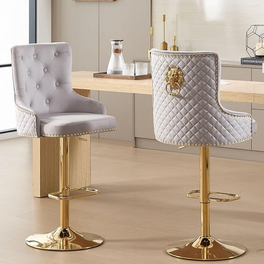 Velvet Gold Barstools Set of 2, Modern Counter Height Adjustable Swivel Stools Chairs with High Tufted Backrest Golden Base Lion Head Pull Ring Rivet Trim for Kitchen (Grey)