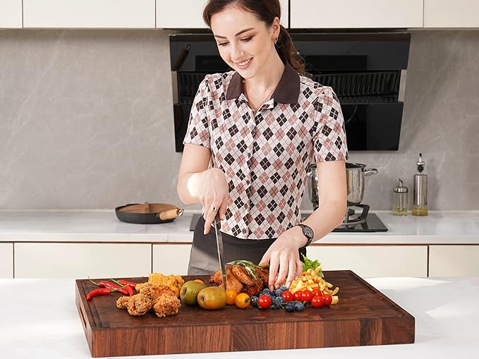 AZRHOM Extra Large Thick Walnut Wood End Grain Cutting Board 24x18x2 In, Wooden Butcher Block, Chopping Board For Kitchen with Juice Groove Handles Non-Slip Pats (Gift Box)