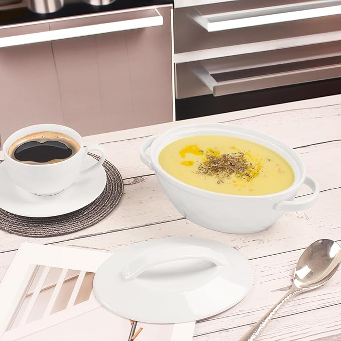 Oval Casserole Dish 23.7 oz, French Onion Soup Ceramic French Serving Soup Tureen Set, Set of 2 Ceramic Mini Cocotte Set, Baking Dish with Lids and Handles, Microwave Dishwasher Oven Safe
