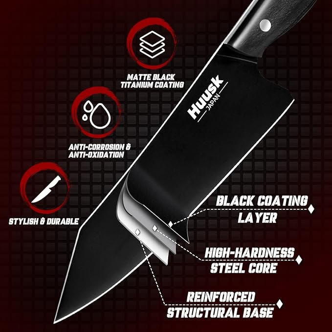 Huusk Japanese Chef Knife for Kitchen - 7in Kirisuke Knife with Black Titanium Coating, Stainless Kitchen Cooking Knifes for Vegetable & Meat Cutting, Ultra Sharp Sushi Knives, Fathers' Day Gifts