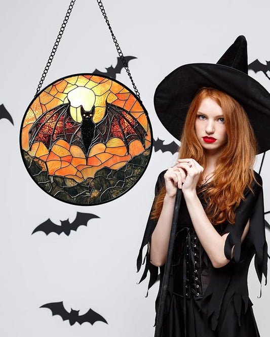 Stained Glass Window Hanging, Black Bat Sun Catcher for Door Home Decor Animal Suncatcher Christmas Mother's Day Birthday Gifts for Women Men Mom and Nana 6.3 in