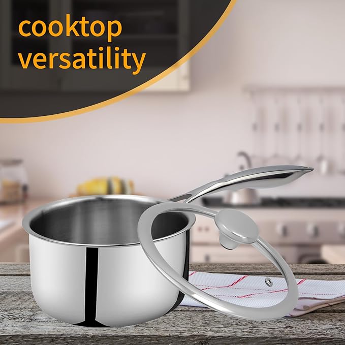 Woogim 304 Stainless Steel Saucepan with Ergonomic Curved Handle,Includes Glass Lid, Easy to Clean Non-stick Multipurpose Sauce Pot 2 Quart Perfect for Milk,Soups,and Sauces