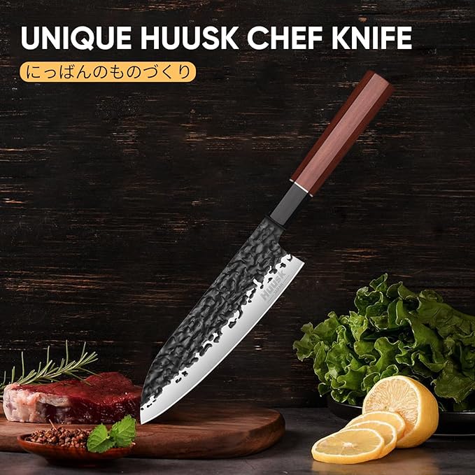 Huusk Japanese Santoku Chef Knife - 7" Hand Forged Knives, 3 Layers 9CR18MOV High Carbon Kitchen Knife, Professional Sharp Chopping Knife with Ergonomic Handle for Meat, Vegetables, Fish