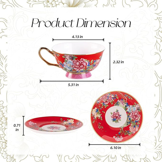 KAMMAK Porcelain Espresso Cups with Saucers, Ceramic Coffee Cups with Saucers Set of 2, 5.64oz Handcrafted Cappuccino Cups, Non-Toxic Durable Vintage Tea Cups Drinkware for Party, Home, Office, Gifts