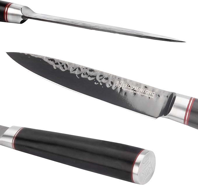 YOUSUNLONG Kitchen Utility Knife 5 Inch Multi-purpose knife Hammered Japanese AUS8 Steel - HRC Steel - Leadwood Handle