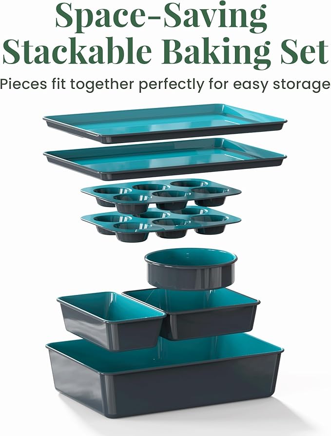 Larder & Vine 8-Piece Bakeware Set | Non-Stick Baking Set with Ceramic Finish | PFAS, PFOA, PTFE, and BPA Free Baking Essentials | Baking Sheets, Muffin Tins and Assorted Baking Pans | Bondi