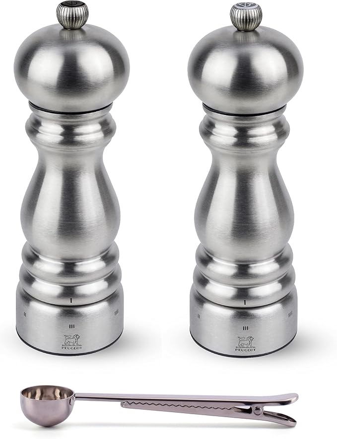 Peugeot Paris u'Select 6 Setting Manual Stainless Steel Salt & Pepper Mill Set With Stainless Steel Spice Scoop Made In France (7- Inch)