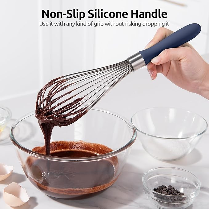 U-Taste Balloon Whisk for Cooking: 18/10 Stainless Steel Kitchen Wire Whisk, 12in Large Heavy Duty Egg Beater, Manual Mixing Tool with 12 Flex Wires for Stirring, Blending Sauce (Midnight Blue)