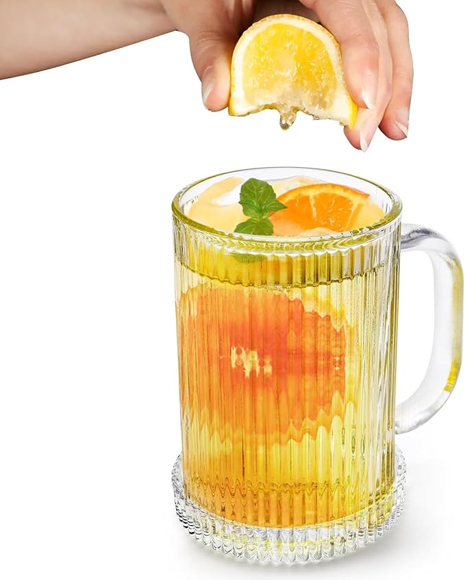 13 oz Clear Ribbed Coffee Mug with Lid, Set of 2 - Classic Glassware for Hot and Cold Beverages (Set of 2)