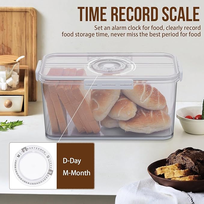 Bread Box Bread Boxes for Kitchen Counter Airtight, Time Recording Bread Storage Container with Lid, Bread Keeper for Homemade Bread, Toast, Bagel, Donut and Cookies, LARGE White