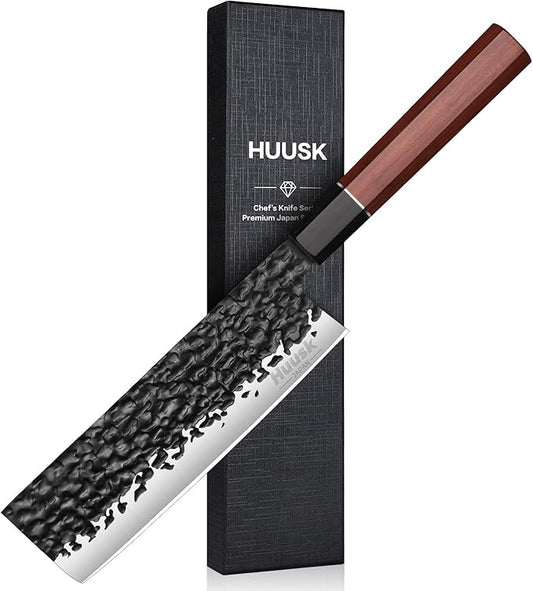 Huusk 7" Nakiri Chef Knife - Japanese Hand Forged Chopping Knives, 3 Layers 9CR18MOV High Carbon Kitchen Knife, Professional Sharp Cooking Knife with Ergonomic Handle for Meat, Vegetables, Fish