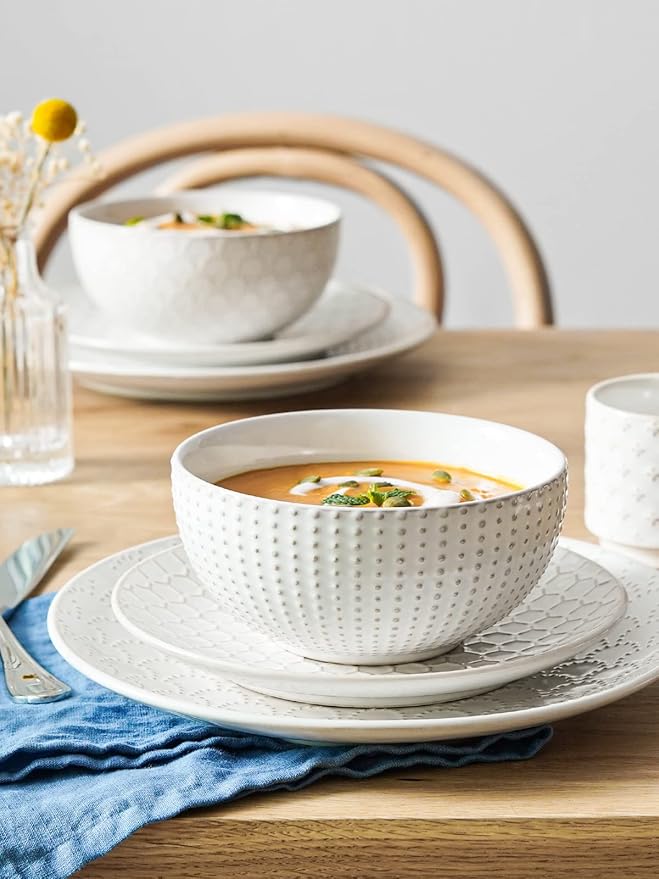 LE TAUCI 16 Piece Dinnerware Set, Arctic White, Stoneware Plates and Bowls With Mugs, Ideal for 4, Serve for 4, Stackable, Lead and Cadmium Free