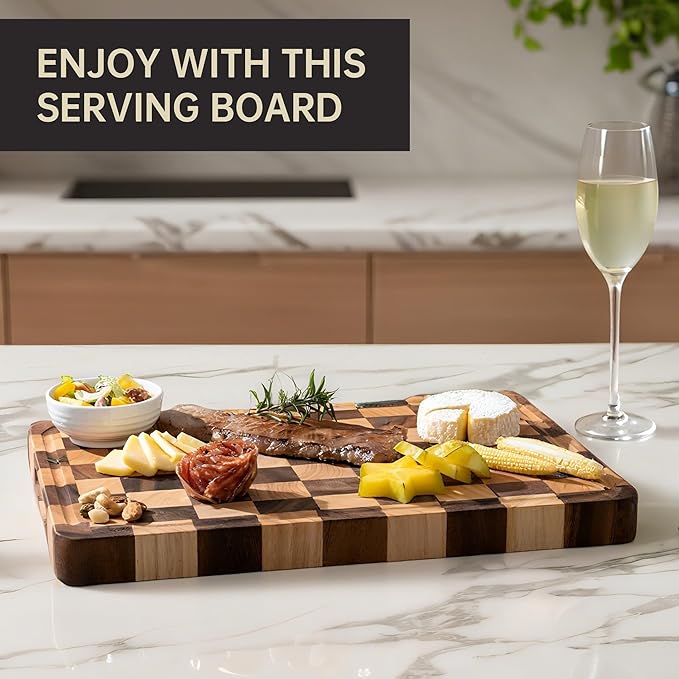 Cutting Boards for Kitchen, Large Acacia Wood Chopping Board, Thick Checkered Cutting Board with Juice Grooves & Handles, Charcuterie Board Butcher Block with Gift Box, 16" x 11" x 1.4"