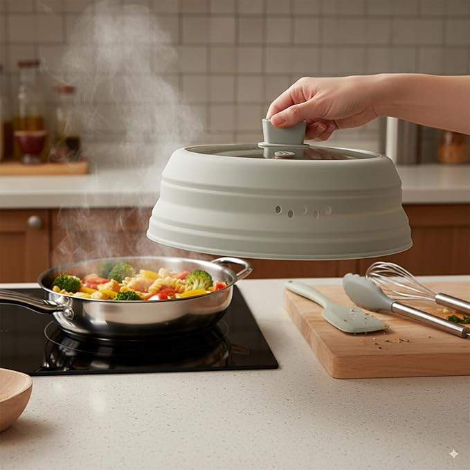 Microwave Splatter Cover Glass Microwave Cover for Food Collapsible Splatter Guard Lid with Silicone Handle for Pot Plate Bowl 10.8 Inch Gray