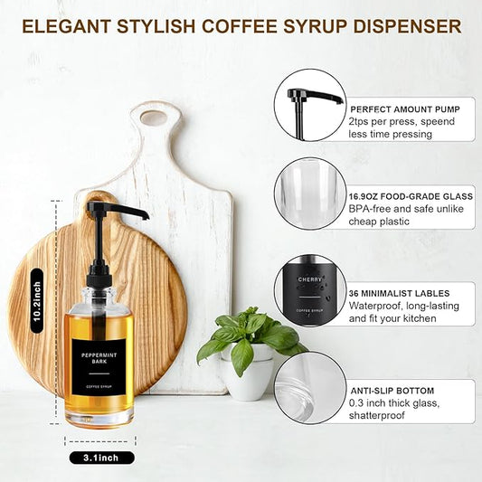 Coffee Syrup Dispenser for Coffee Bar, Glass Syrup Dispenser with Pump, Coffee Syrup Pump Dispenser Bottle for Coffee Station, Coffee Bar Organizer, Black,16.9 oz, 500 ml