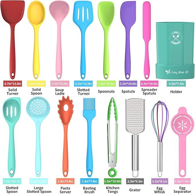 Silicone Kitchen Utensils Set, 16-Piece Silicone Cooking Utensils by Deedro, Heat Resistant Kitchen Tools Set with Holder, Nonstick Spatula Kitchen Gadgets for Cooking & Baking, Colorful