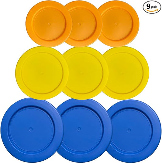 1, 2 & 4 Cup Orange, Yellow, Blue Replacement Lids/Covers for Pyrex, Anchor Hocking & KlareWare Storage Bowls *Lids Only Glass Container Not Included* (9 Pack *Three of Each Size*)