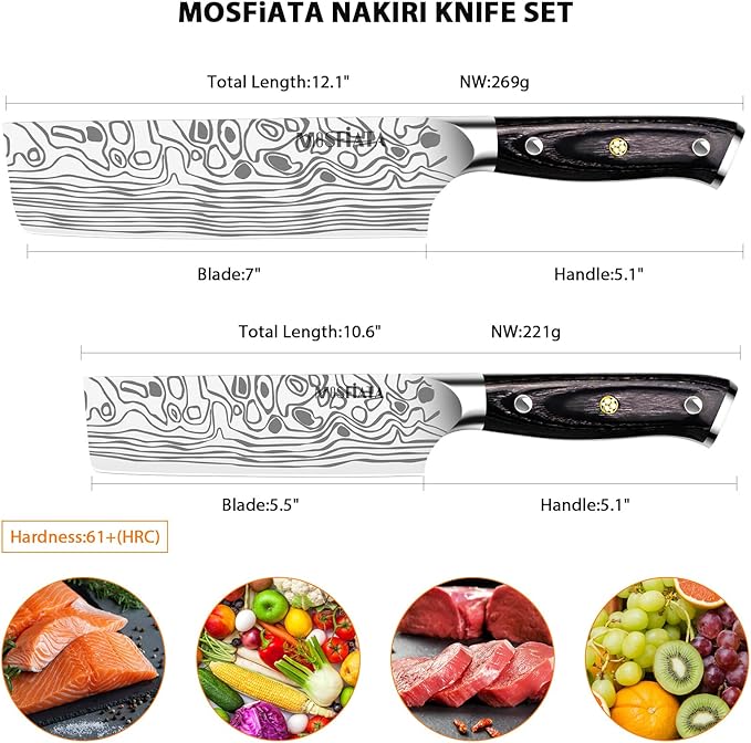 MOSFiATA Nakiri Kitchen Knife, 7”&5.5" Chef Knife Set, Ultra Sharp German Stainless Steel Cleaver Cooking Knife with Ergonomic Handle Gift Box