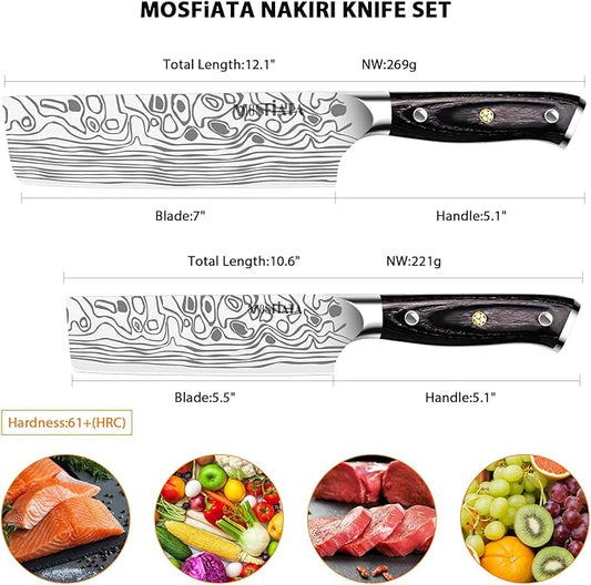 MOSFiATA Nakiri Kitchen Knife, 7”&5.5" Chef Knife Set, Ultra Sharp German Stainless Steel Cleaver Cooking Knife with Ergonomic Handle Gift Box