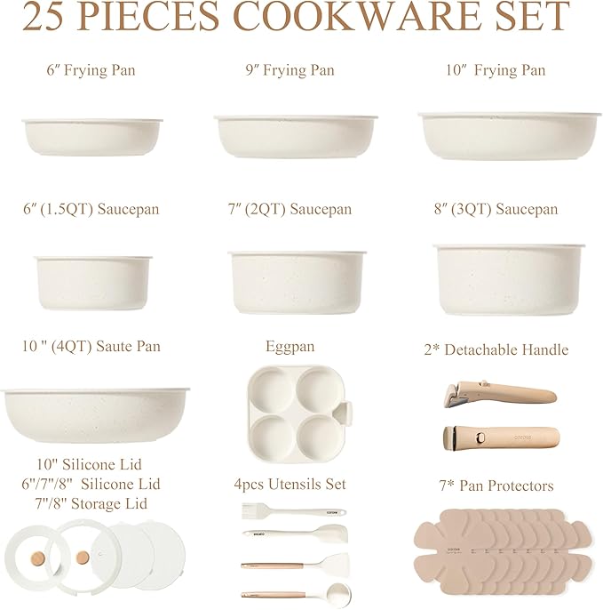 CAROTE Pots and Pans Set Non Stick, Cookware Sets, Kitchen Set, Oven/Dishwasher/Fridge Safe, Space Saving Pots Set, Nonstick Set with Versatile Detachable Handle, Induction RV Set, Cream