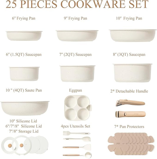 CAROTE Pots and Pans Set Non Stick, Cookware Sets, Kitchen Set, Oven/Dishwasher/Fridge Safe, Space Saving Pots Set, Nonstick Set with Versatile Detachable Handle, Induction RV Set, Cream