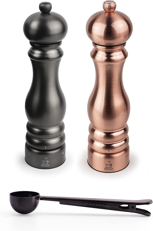 Peugeot Paris Chef Carbone u'Select Stainless Steel 22cm 9 inch Carbon Finish Pepper Mill w/Copper Salt Mill- With Stainless Steel Spice Scoop/Bag Clip