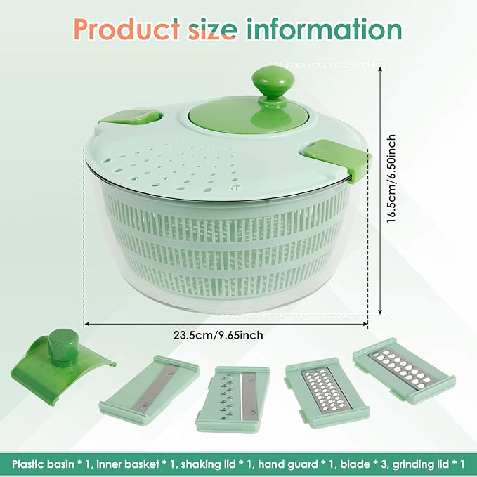 Salad Wash Spinner Bowl, 4000 ml Large Capacity, Vegetable Spinner and Dryer with 3 Blade Lettuce Dehydrator for Herb Berry Lettuce(1,green)