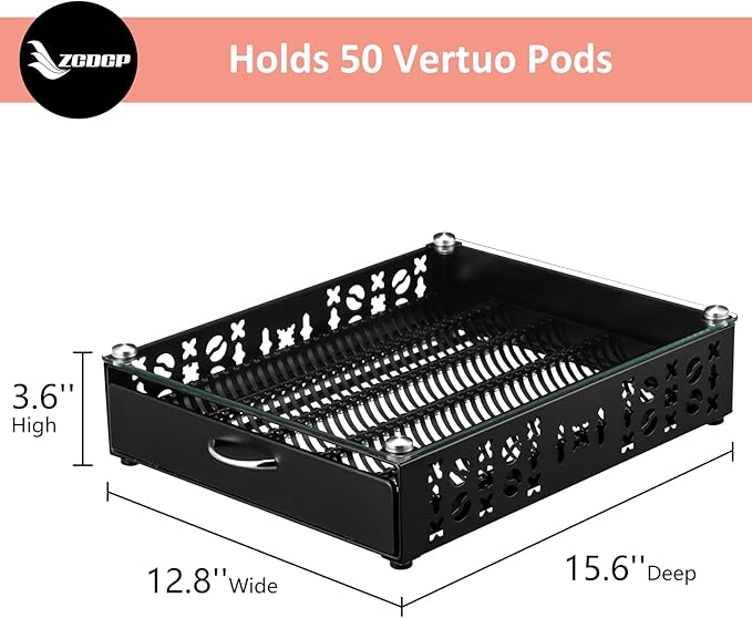 ZCDCP for Coffee Pod Holder, Vertuo Pod Holder Drawer Glass Top Coffee Pod Organizer Storage (50 Pods Capacity)