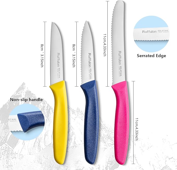 Vegetable and fruit knife set of six, high carbon stainless steel paring knife with ergonomic PP plastic handle, sharp, super sharp kitchen knife set.