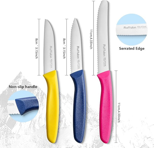 Vegetable and fruit knife set of six, high carbon stainless steel paring knife with ergonomic PP plastic handle, sharp, super sharp kitchen knife set.