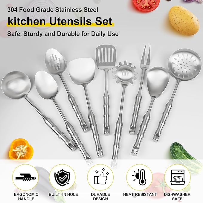 18/10 Stainless Steel Kitchen Utensils Set,9pcs Metal Cooking Utensils Set Cookware for Wok Tools,14 inch Long Heavy Duty Kitchen Tools Set for Chef