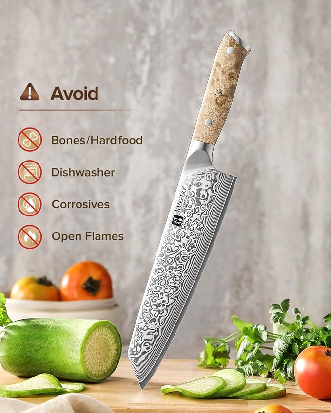 XINZUO Damascus 8.3 Inch Kiritsuke Chef Knife,Hand Forged High Carbon Steel Sharp Kitchen Cutting Knife,Comfortable Ergonomic Full Tang Figured Sycamore Wood Handle