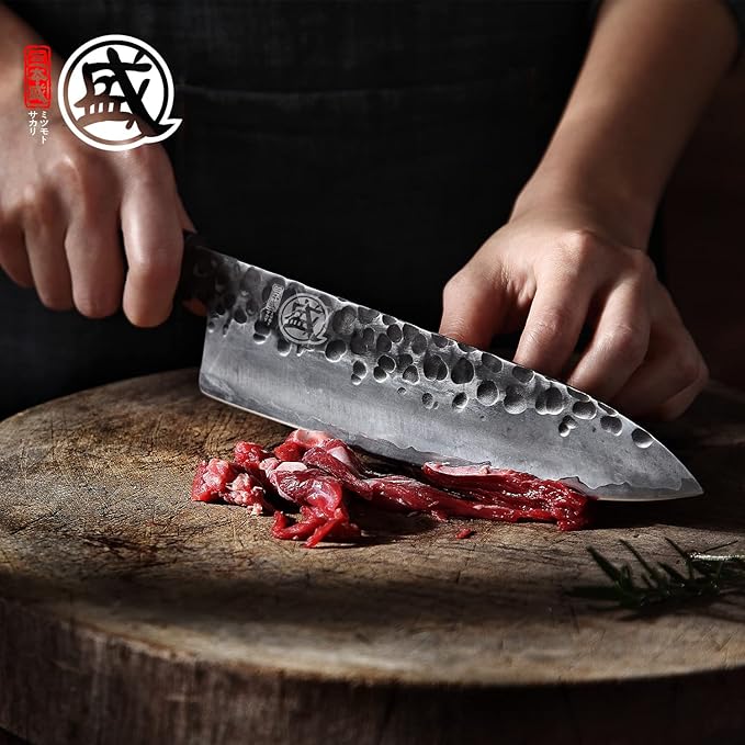 MITSUMOTO SAKARI Gyuto Chef Knife 8 inch - Hand Forged Japanese Kitchen Knives, 3-Layer 9CR18MOV High Carbon Steel, Rosewood Handle & Sandalwood Box