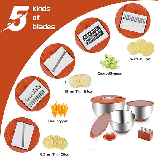 Mixing Bowls with Lids Set,3 Pieces Stainless Steel Nesting Bowls Vegetables Slicer Non-Slip Mixing Bowl for Baking Prepping Cooking(Orange)