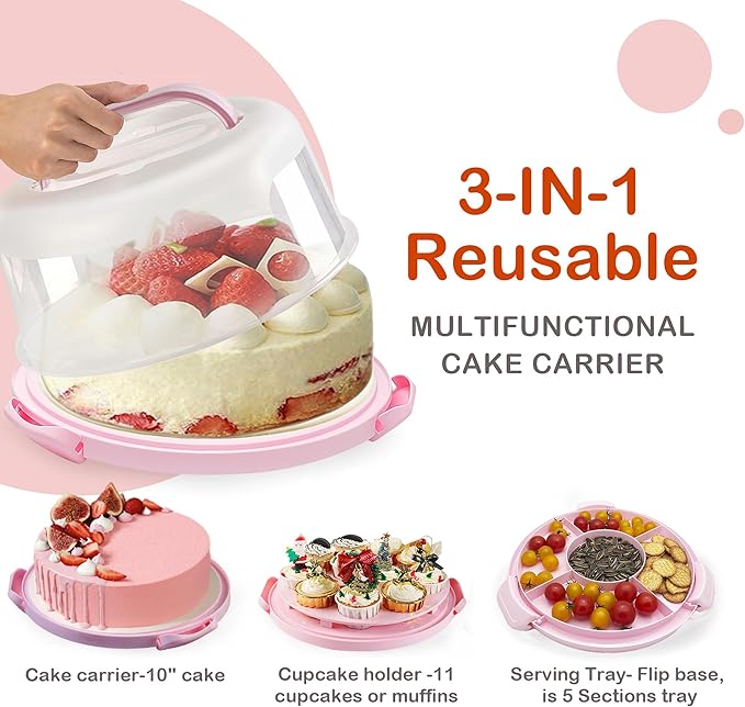 10" Round Cake Carrier Stand with Lid and Handle,Portable Two Sided Cake Holder Serves as 5 Section Fruit Tray,Cupcake Containers for 11 Cupcakes (Pink)