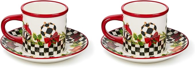 MACKENZIE-CHILDS Set of 2 Stoneware Espresso Cup and Saucer, Cute Coffee Cups