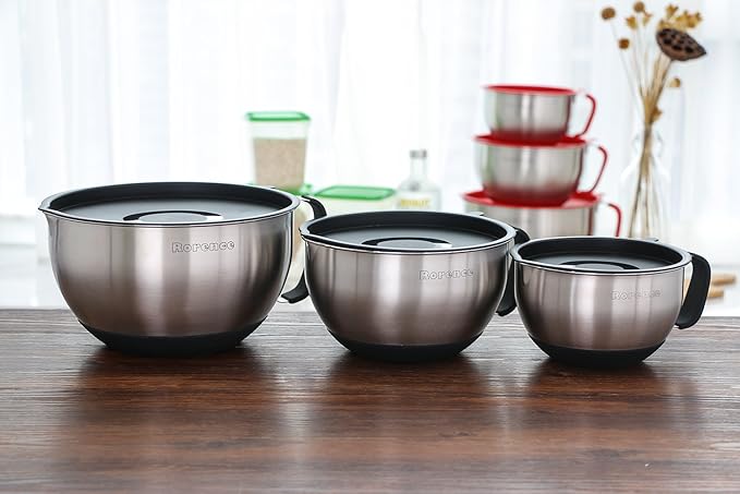 Rorence Stainless Steel Non-Slip Mixing Bowls With Pour Spout, Handle and Lid, Set of 3, Black