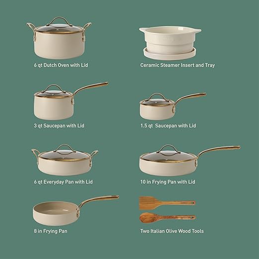 bloomhouse 15 Piece Pots and Pans Heavy Duty Aluminum Premium PFA Free Ceramic Nonstick Cookware Set - Almond Cream w/Gold Handle