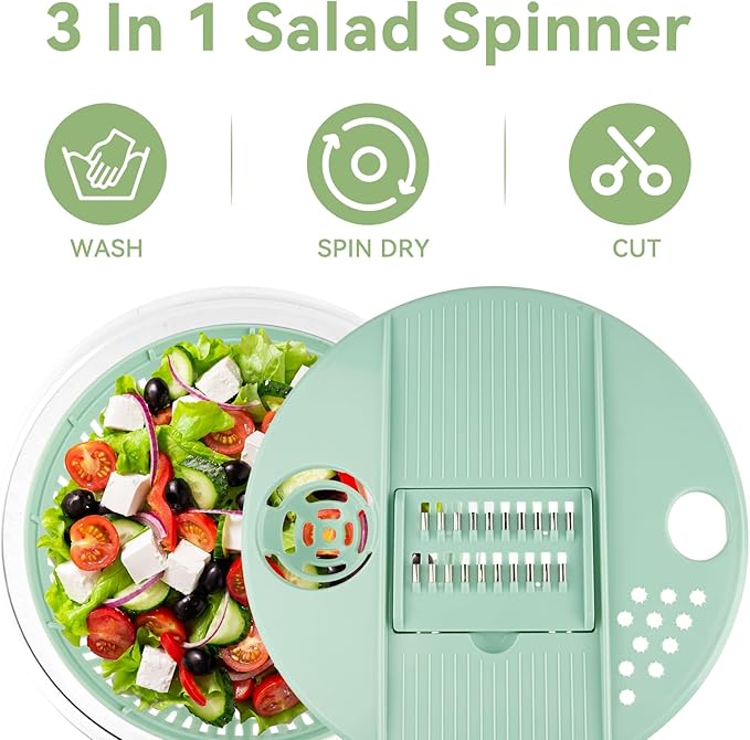 YUANYE Salad Spinner Large, 3 IN 1 Vegetable and Fruit Washing Bowl with Strainer, Lettuce Spinner with 5 Blades Slicer, Egg Yolk Strainer, Salad Bowl for Efficient Salad Preparation, 5.3 Qt