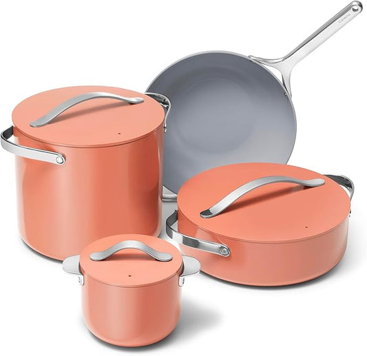 Caraway Cookware+ Collection - Specialty Cookware Set - Petite Cooker, Stir Fry Pan, Rondeau, & Stock Pot - 3 Lids & Storage Organizer Included - Perracotta