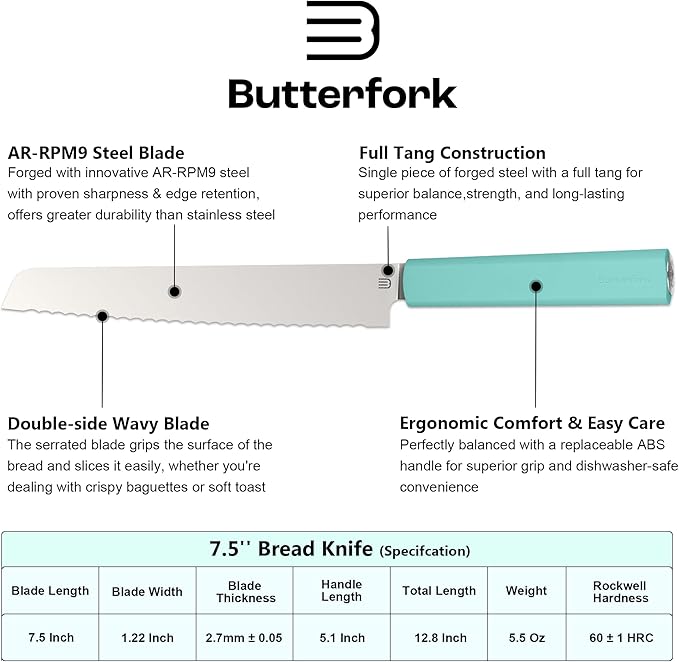 7.5" Serrated Bread Knife for Homemade Bread, Razor Sharp AR-RPM9 Steel & Innovative Wavy Edge, Professional Serrated Knife for Sourdough Bread Cake, Gift for Baker Home Chefs