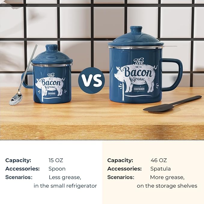PGYARD Mini Bacon Grease Container With Strainer - 15OZ Enamel Grease Saver, Farmhouse Bacon Grease Keeper For Kitchen Fat Storage, Dishwasher Safe-Blue